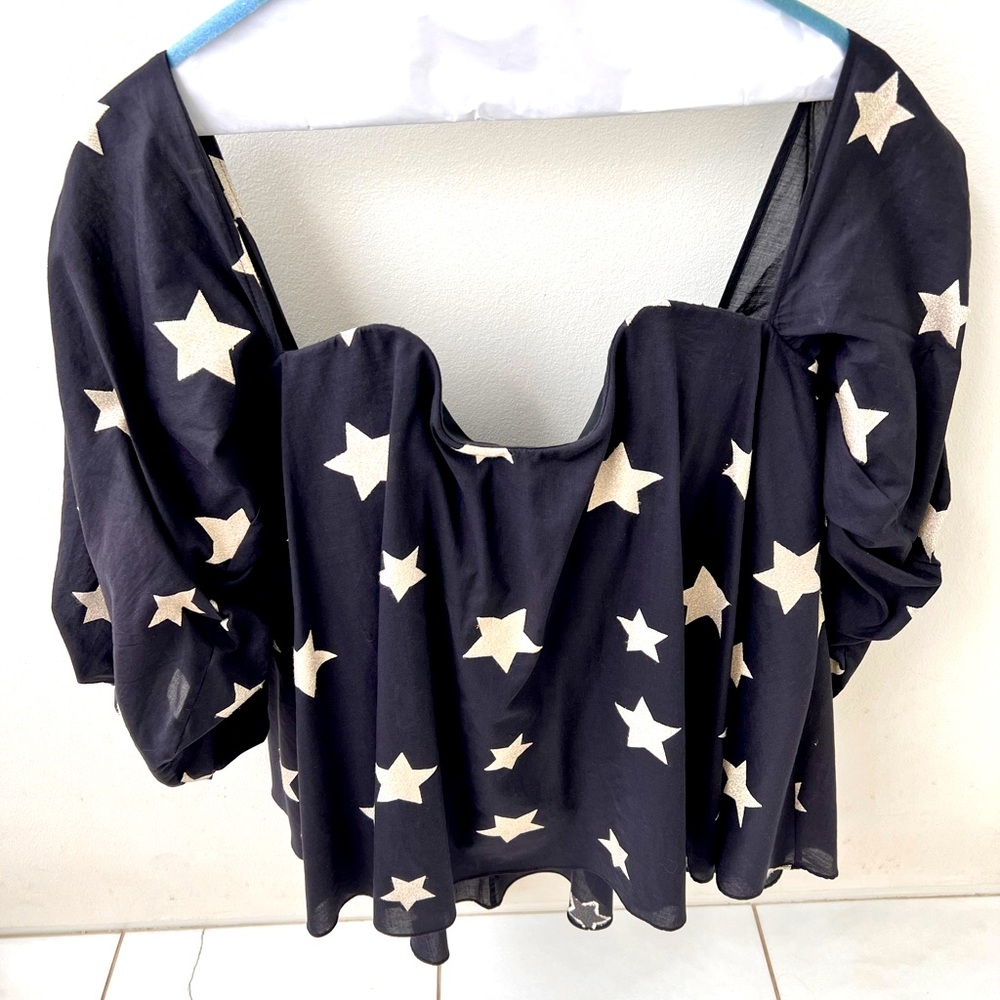 Adorable bustier style, flowy, Caroline Constas top. Black w/ shimmery stars.